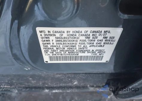 2007 Honda Pilot Ex-L z USA, uszkodzony, nr VIN 2HKYF18757H532009